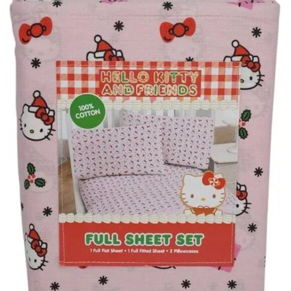 HELLO KITTY Holiday Christmas Pink Queen Size Cotton Sheet Set | Tree Mistletoe - Picture 5 of 5
